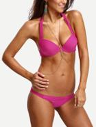 Romwe Halter Strappy Bikini Set - Pink