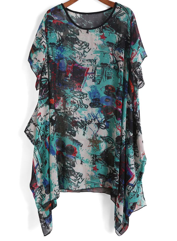 Romwe Graffiti Print Asymmetrical Chiffon Top