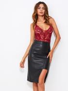 Romwe Faux Leather Slit Hem Skirt