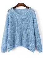 Romwe Blue Hollow Out Long Sleeve Batwing Sweater