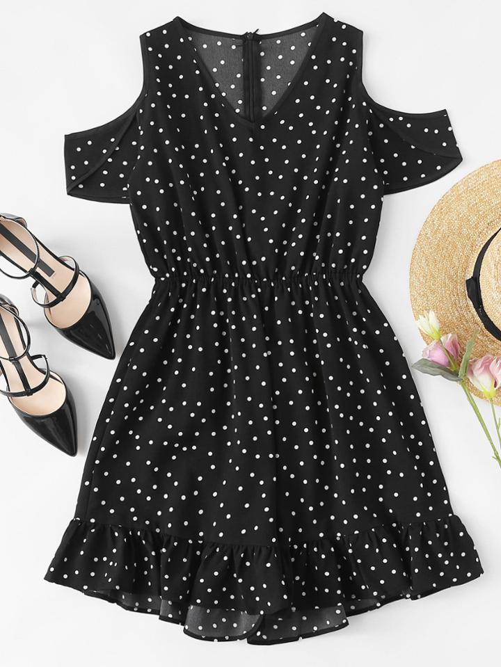 Romwe Ruffle Hem Open Shoulder Spot Dress