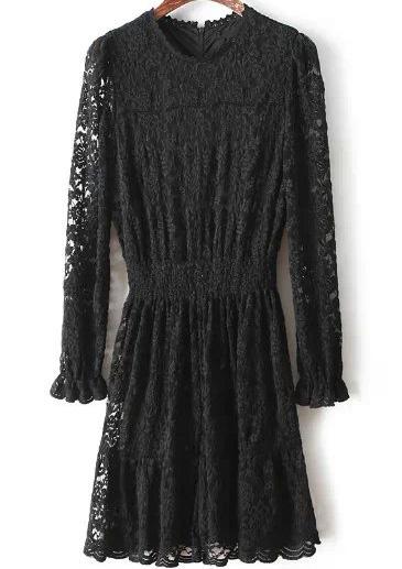 Romwe Hollow Lace Pleated Black Dress
