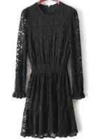 Romwe Hollow Lace Pleated Black Dress