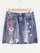 Romwe Floral Embroidered Fray Hem Distressed Skirt