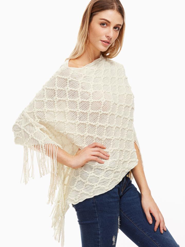 Romwe Beige Fringe Detail Asymmetrical Poncho Sweater