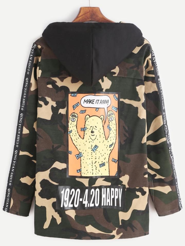 Romwe Cartoon Print Back Patch Drawstring Hooded Camouflage Coat