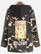 Romwe Cartoon Print Back Patch Drawstring Hooded Camouflage Coat