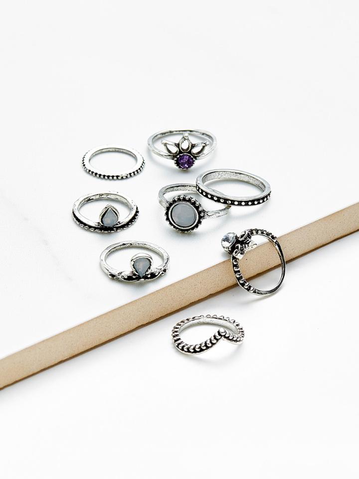 Romwe Faux Diamond Multi Shaped Ring Set 8pcs