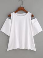 Romwe White Open Shoulder Raw Hem T-shirt