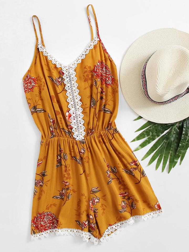 Romwe Floral Print Random Lace Trim Pleated Cami Romper