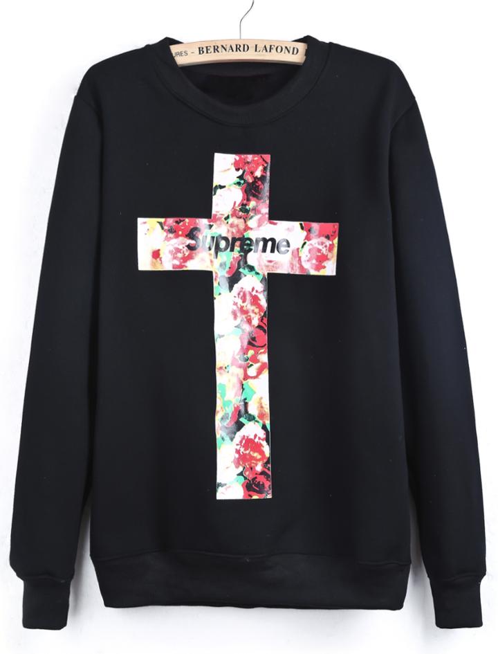 Romwe Black Long Sleeve Letters Cross Print Sweatshirt