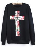 Romwe Black Long Sleeve Letters Cross Print Sweatshirt