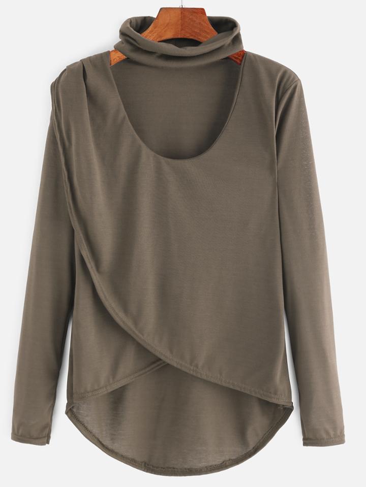 Romwe Army Green Dip Hem Choker Neck Wrap Front T-shirt