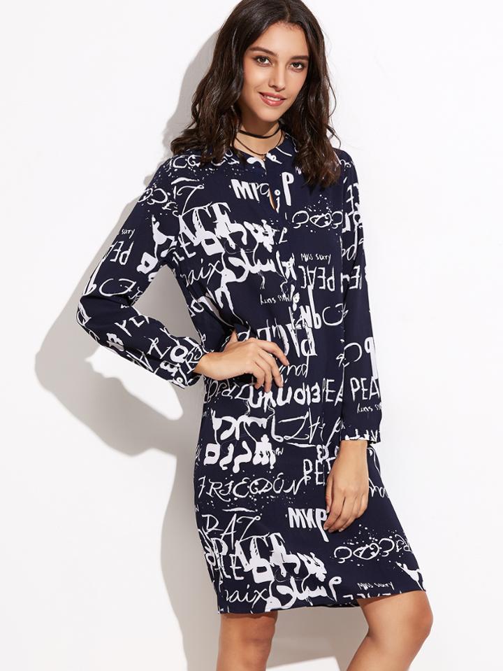 Romwe Navy Letters Print Half Placket Chiffon Shirt Dress