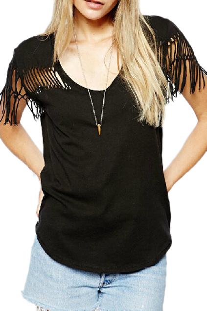 Romwe Romwe Heart-shaped Hollow-out Tassel Sheer Black T-shirt
