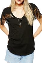 Romwe Romwe Heart-shaped Hollow-out Tassel Sheer Black T-shirt