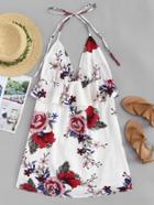 Romwe Halter Neck Floral Print Frill Trim Dress