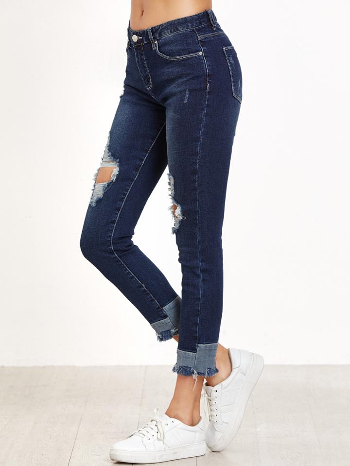 Romwe Blue Ripped Raw Hem Crop Denim Pants