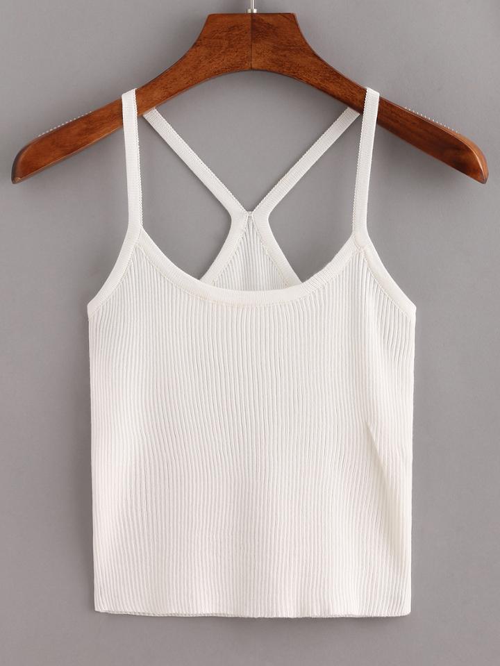 Romwe White Spaghetti Strap Ribbed Cami Top