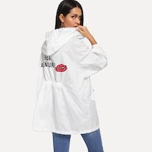 Romwe Letter Print Drawstring Ruched Hooded Outerwear