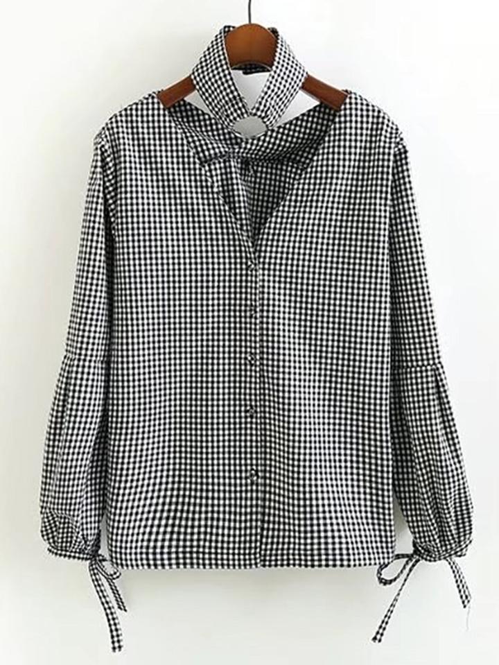 Romwe Bow Tie Cuff Gingham Blouse With Choker