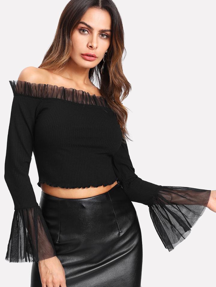 Romwe Trumpet Sleeve Mesh Ruffle Bardot Top
