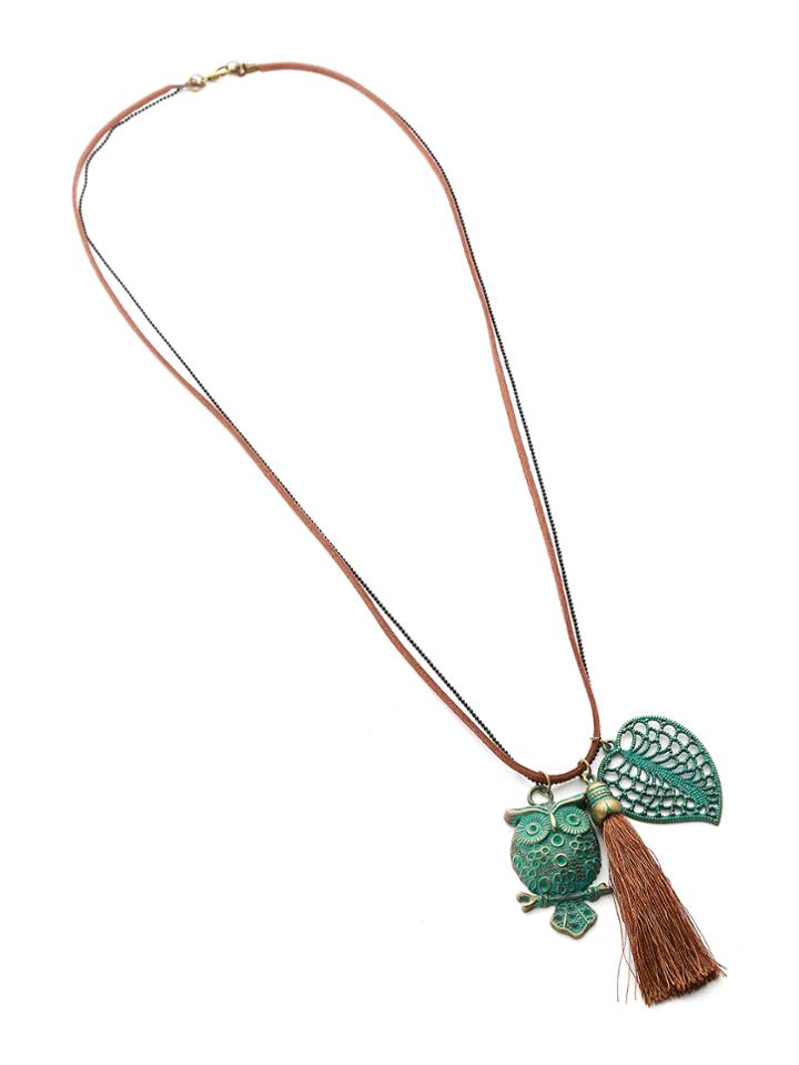 Romwe Owl & Tassel & Leaf Pendant Necklace