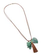 Romwe Owl & Tassel & Leaf Pendant Necklace