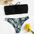 Romwe Lace-up Bandeau With Random Tropical Bikini Set