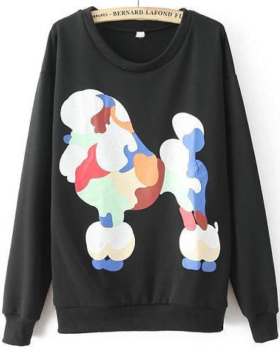 Romwe Dog Print Loose Black Sweatshirt