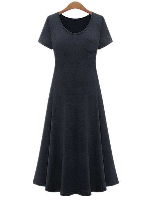 Romwe Black Short Sleeve A-line Dress With Pocket