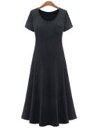 Romwe Black Short Sleeve A-line Dress With Pocket