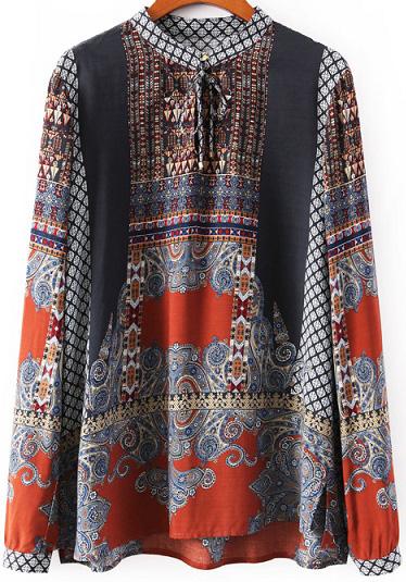 Romwe Vintage Print Tie Blouse