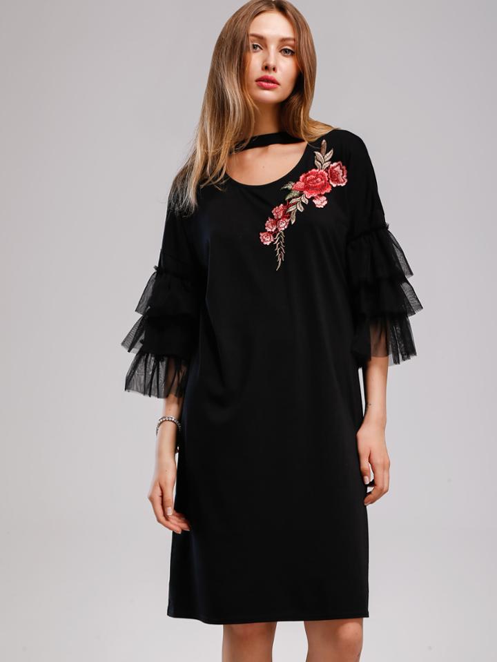 Romwe Appliques Contrast Tiered Mesh Cuff Choker Dress