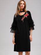 Romwe Appliques Contrast Tiered Mesh Cuff Choker Dress