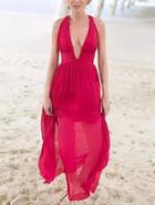 Romwe Deep V Neck Chiffon Maxi Red Dress