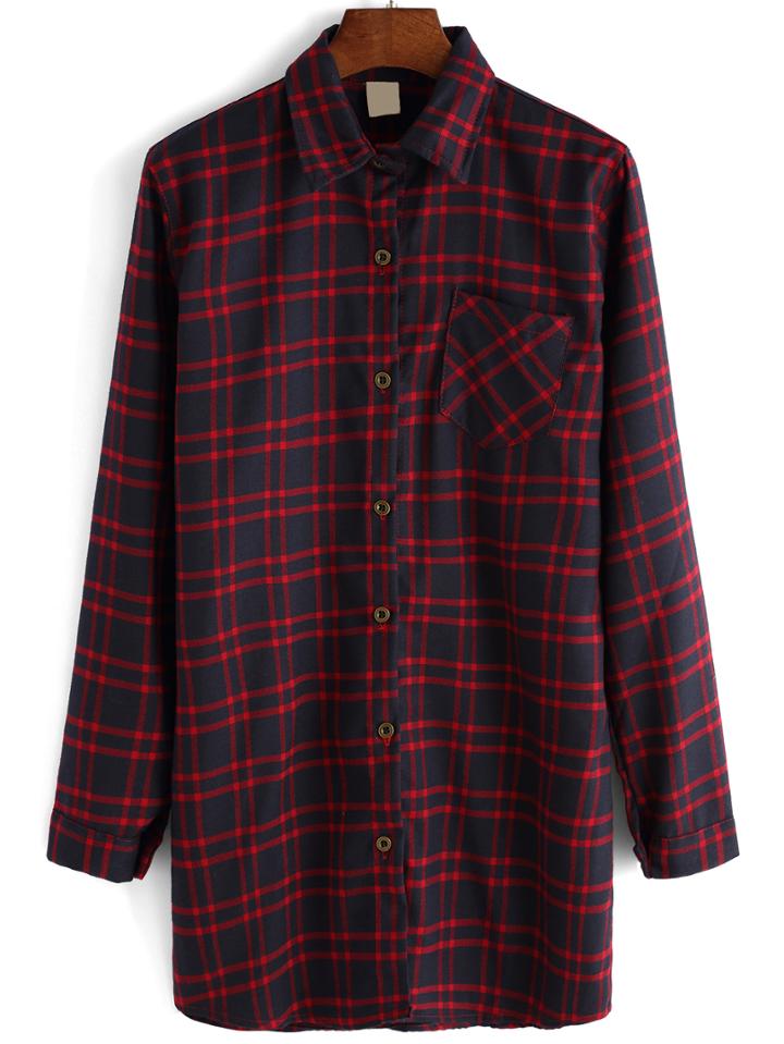 Romwe Lapel Plaid Pocket Long Red Blouse