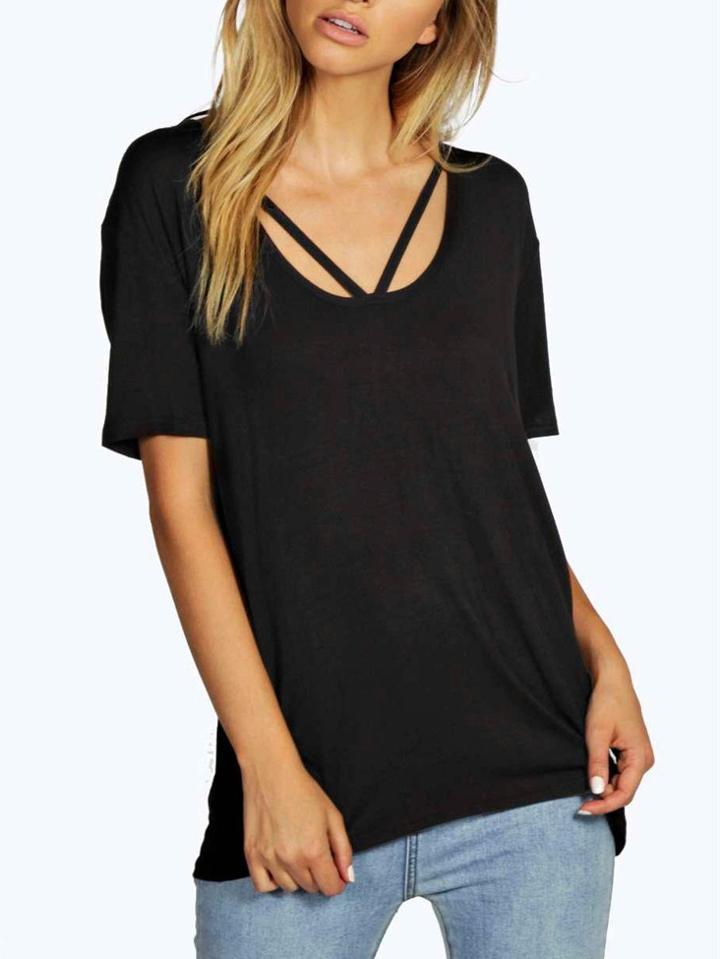 Romwe Black Cutout Scoop Neck T-shirt