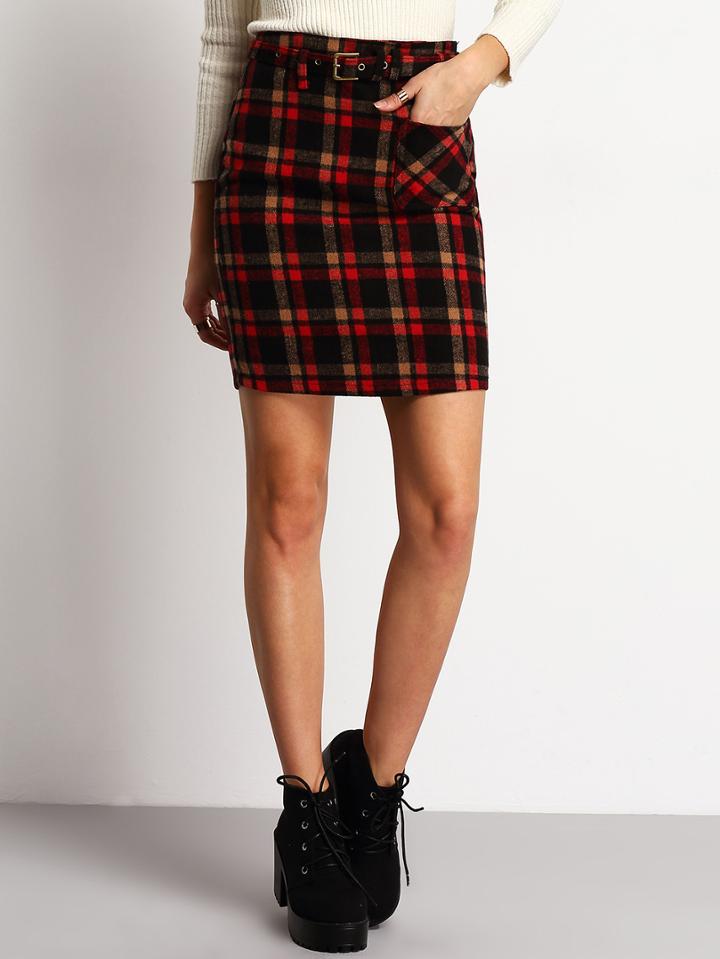 Romwe Plaid Belt Straight Skirt
