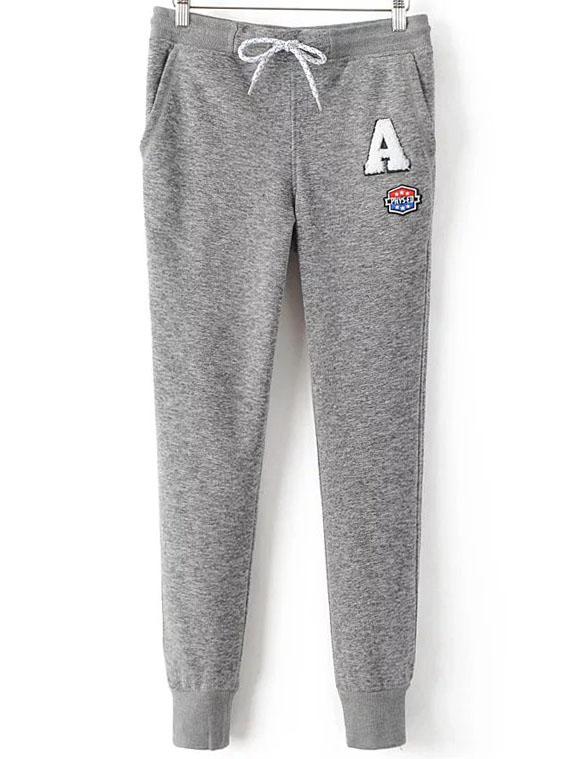 Romwe Grey Drawstring Waist Patch Pants