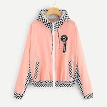 Romwe Plaid Panel Zip Up Hooded Jacket