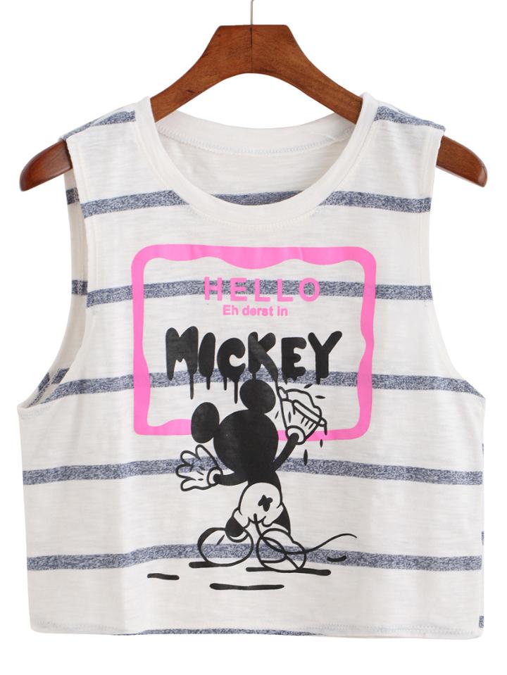 Romwe Mickey Print Striped Tank Top