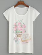 Romwe White Rose Print T-shirt