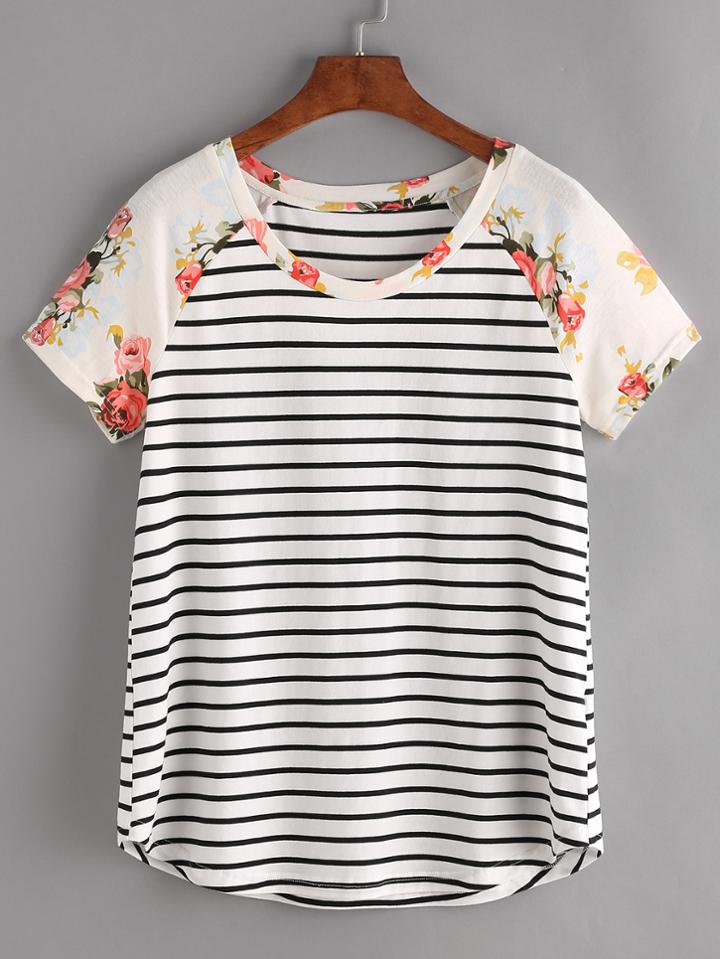 Romwe Floral Raglan Sleeve Striped Tee