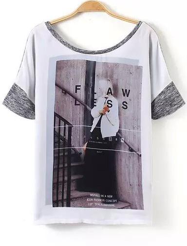 Romwe Figures Print Grey T-shirt