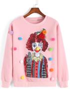 Romwe Clown Pattern Sequined Pink Sweatshirt