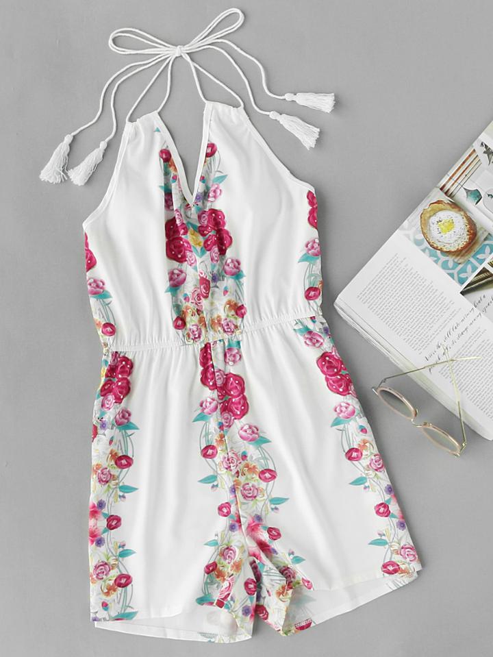 Romwe Halter V Neckline Floral Print Romper