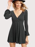 Romwe Deep V Neck Fluted Sleeve Ribbed Wrap Dress