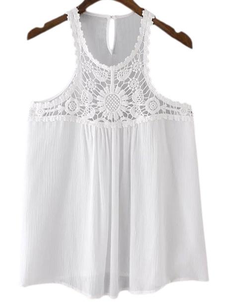 Romwe White Keyhole Back Lace Splicing Tank Top