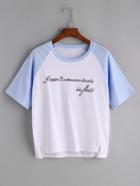 Romwe Blue Color Block Letter Print High Low T-shirt